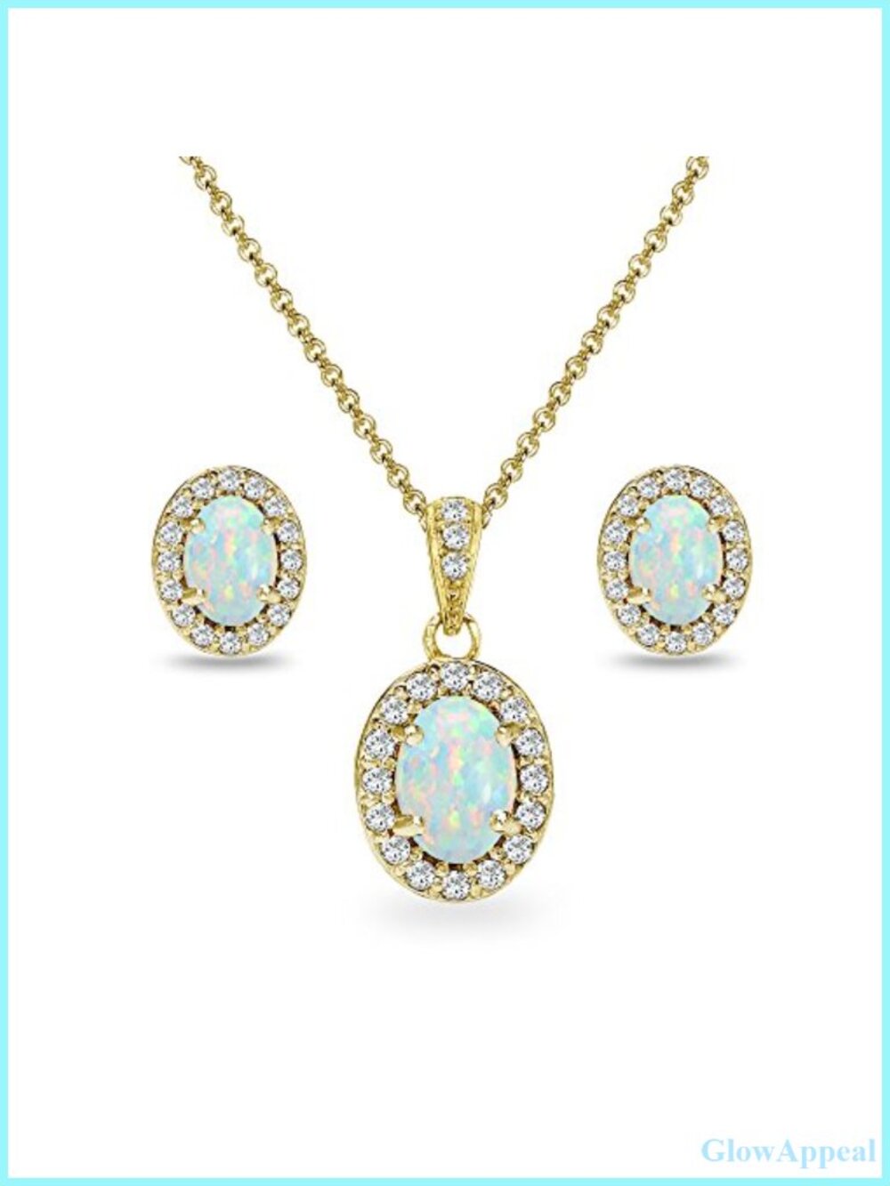 Yellow Gold Flashed Sterling Silver Opal & CZ Halo Necklace Stud Earrings Set